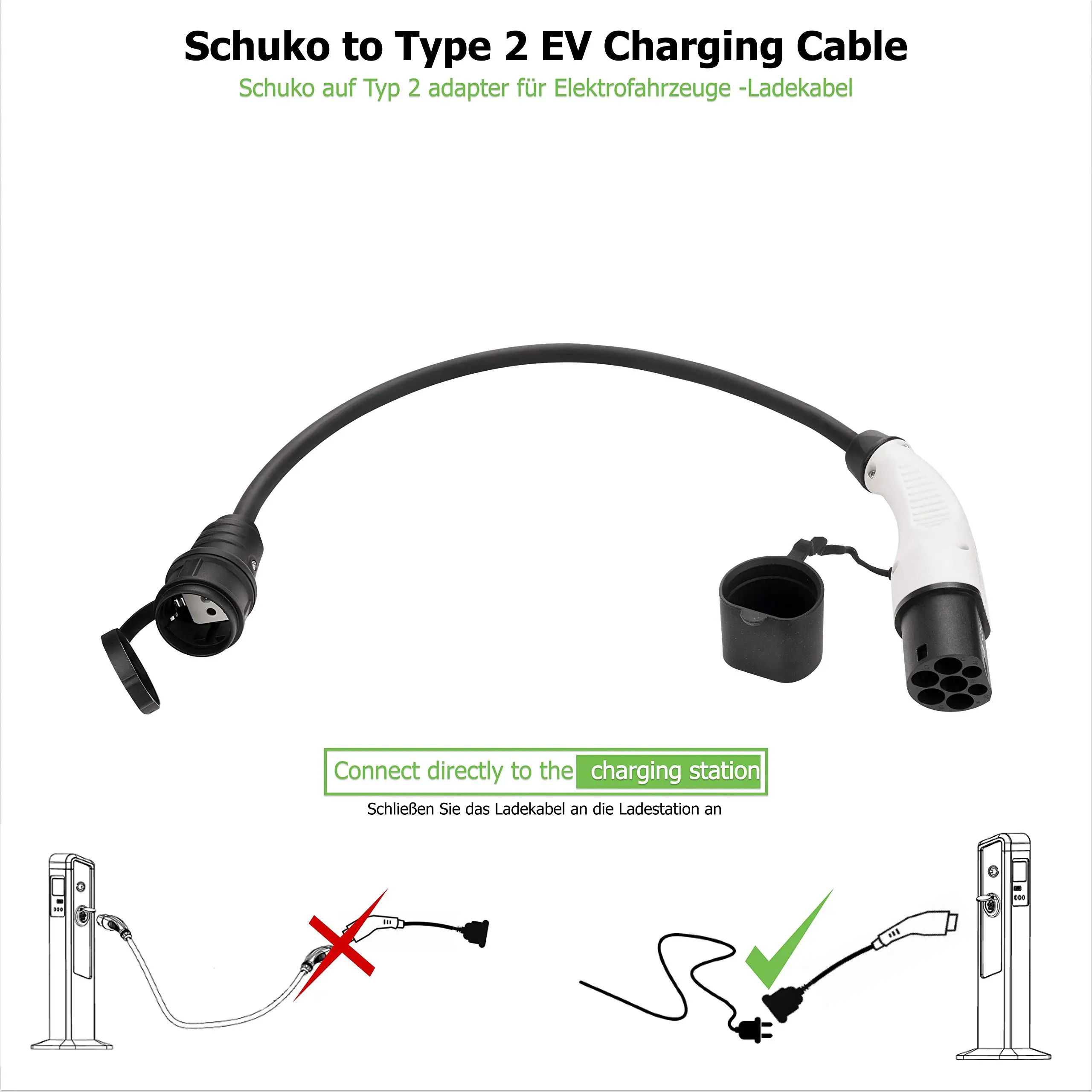 Duosida-adaptador EV para Cable de carga de vehículo eléctrico, enchufe Schuko a tipo 2, 1 fase, 16A, 3,6 KW, con Cable de 0,5 M