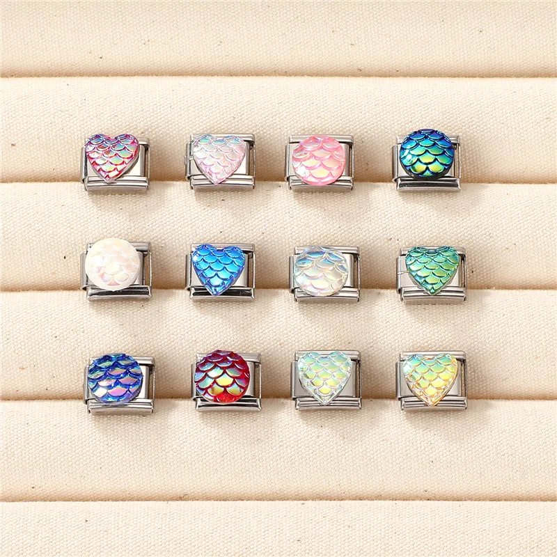 Y2K Glitter Colorful Heart Round 3D Fish Scale Element Italian Charm Links Fit 9mm Stainless Steel Bracelet Jewelry DIY Making
