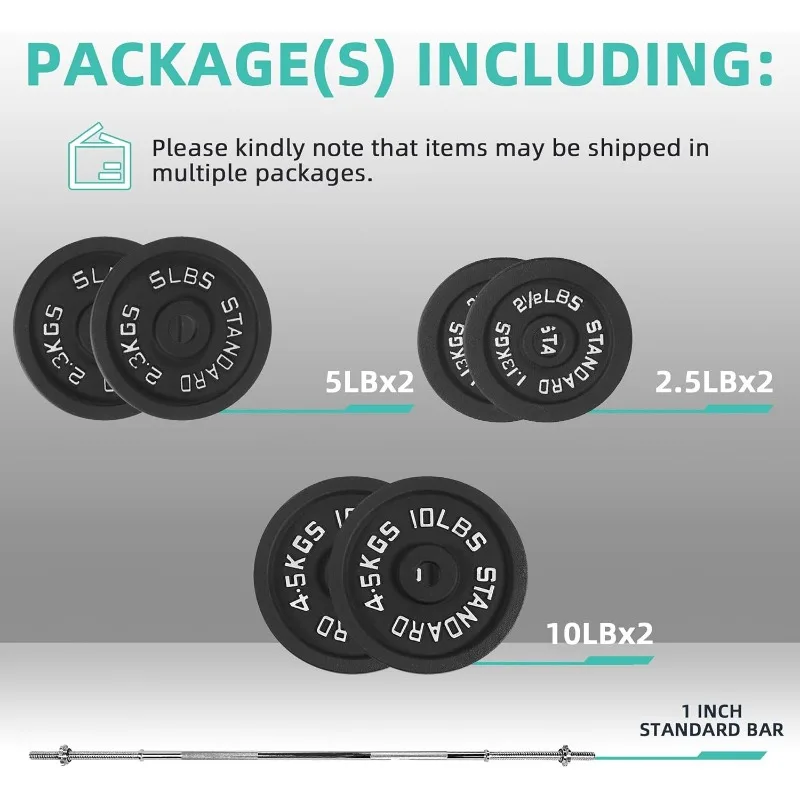 Large Fitness Equipment Cast Iron Weight Plates Set with 5FT Barbell & Star Locks - 45 lbs Total