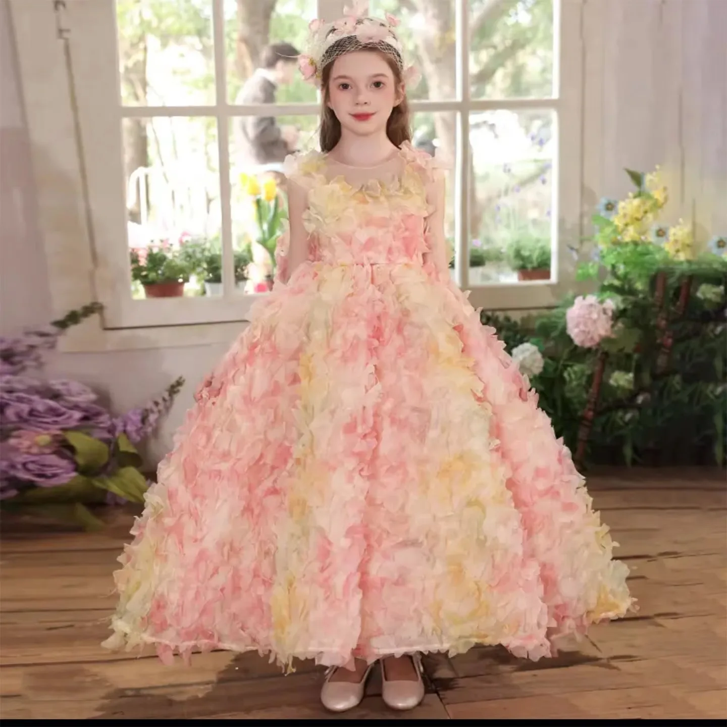 Jill desejo j288 luxo fúcsia flor menina vestido sem mangas 3d flores para crianças princesa casamento pageant festa de aniversário vestido de baile
