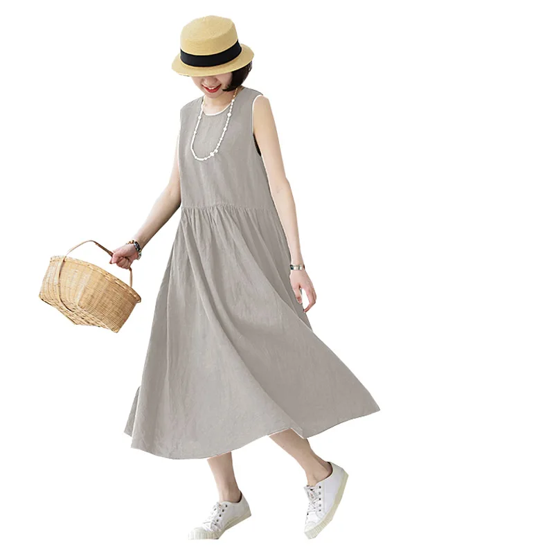 Linen Summer Women's Sleeveless Crewneck Dress Pink Vest Pullover Skirt Outside Wear Beach Play Cool Clothing