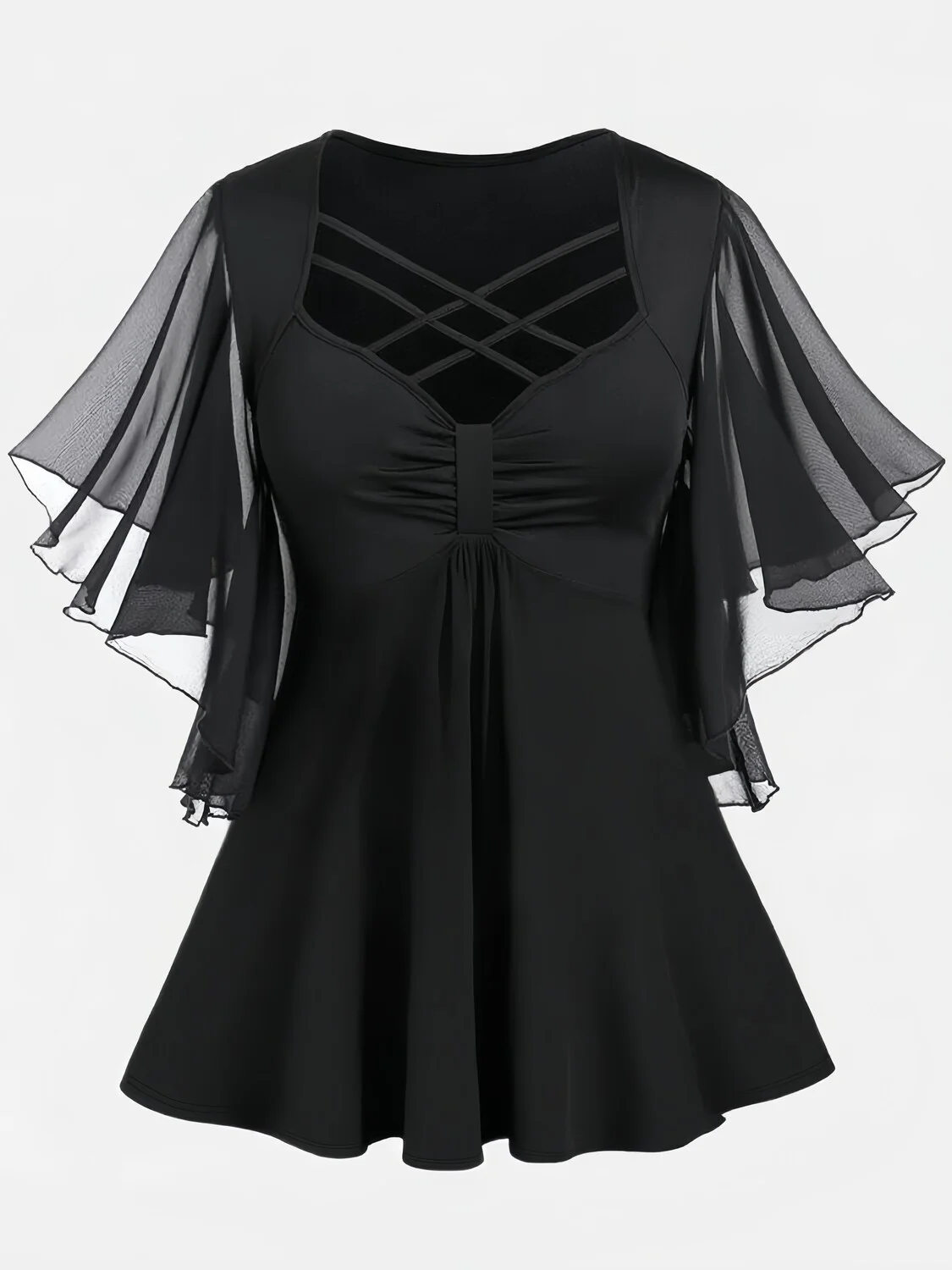 Blusas femininas plus size, tiras cruzadas, chiffon, manga borboleta, camisas e blusas para mulheres, manga curta, top franzido, verão