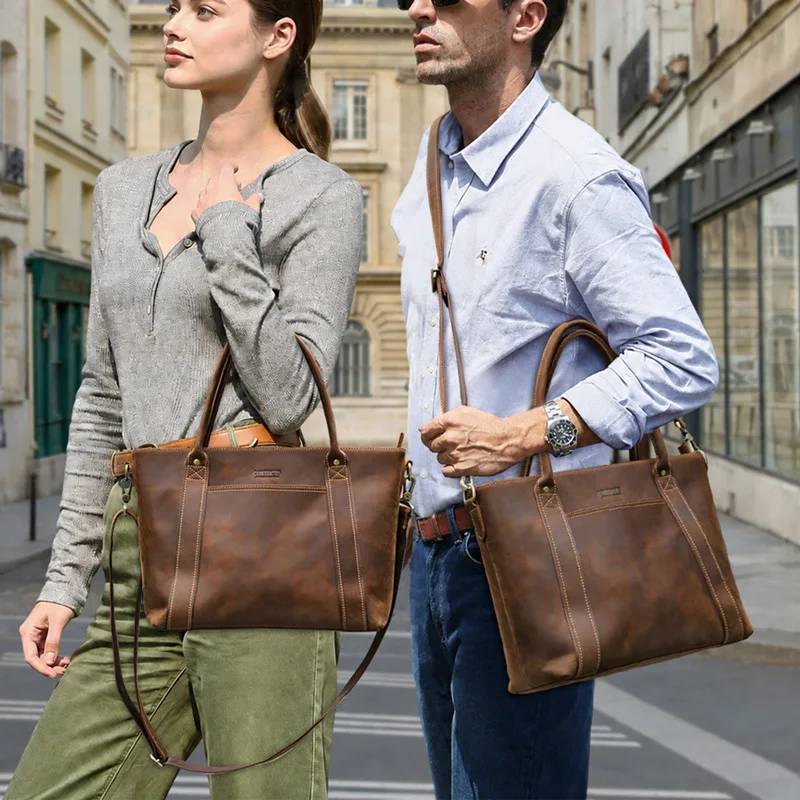 Retro Mad Horse Leather Unisex Single Shoulder Slant Cross Bag Suitable for 14 Inch Computer Genuine Leather Handbag