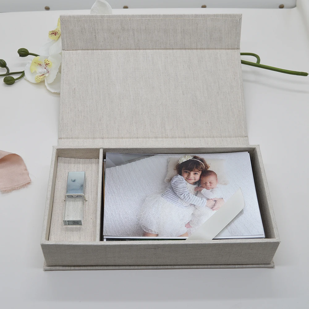 

Льняная коробка для фотопечати с отсеком для USB-флешки, подарок фотографу, индивидуальный логотип на обложке, свадебный подарок