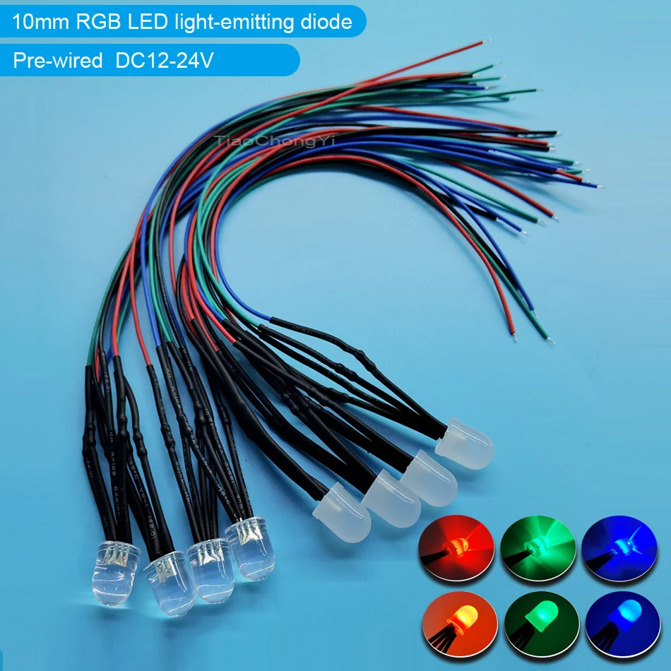 10pcs 10mm Round LED 20cm Pre-Wired 12-24V LED Lamp Light Red Green Blue white RGB Multicolor Diode led light Emitting Diodes
