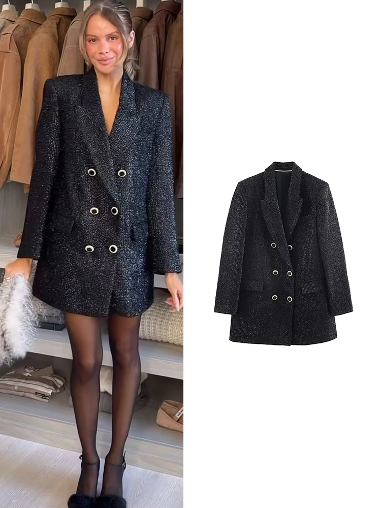 

New Fashion Women Bright Silk Tweed Jacket Elegant Black Chic Double Breasted Long Blazer Spring Autumn OL Outerwears Top
