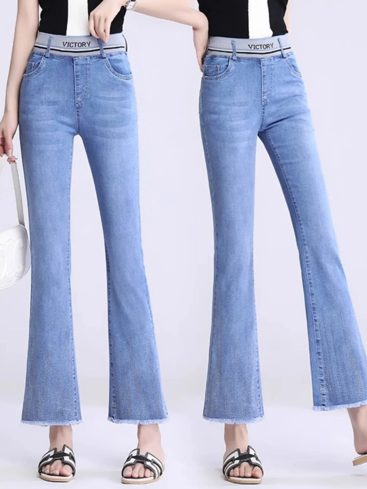 High Waist Flare Jeans Women's Small Size 2026 New Elastic Slimming Hotfix Diamond Nine Point Pants Spring Autumn Denim Skinnies