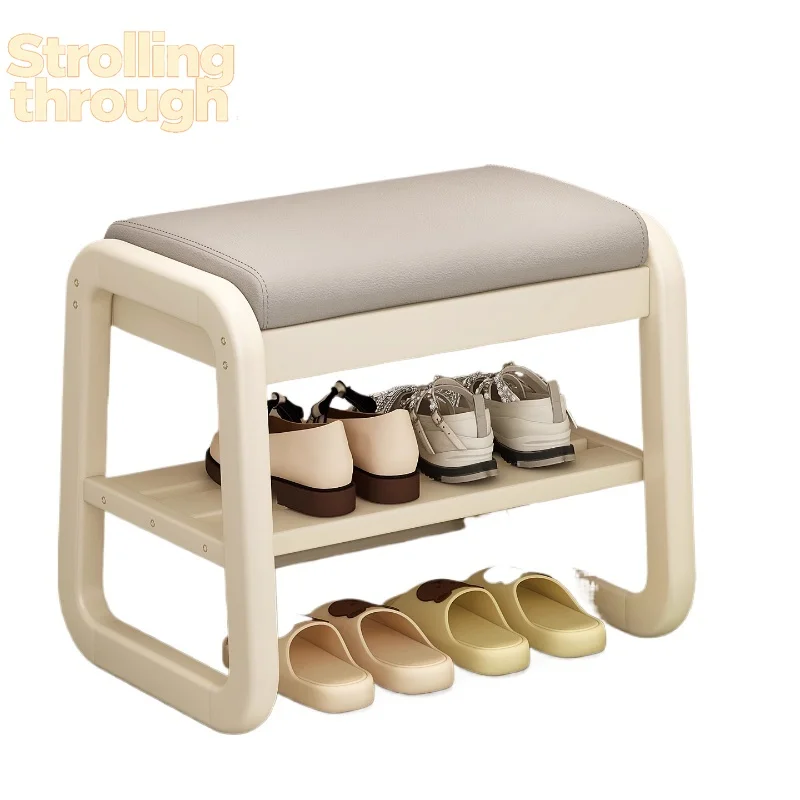 

Cream Aesthetic Entryway Shoe Bench-Narrow Storage Stool with Seat, Small Space Shoe Organizer Foldable Entry Shoe Rack for Home