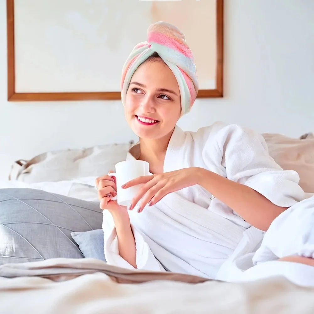 Gorro de toalla para el cabello ultraabsorbente de secado rápido para mujer, turbante de microfibra a rayas coloridas, ducha, baño, gimnasio, 25x65cm, ligero y suave