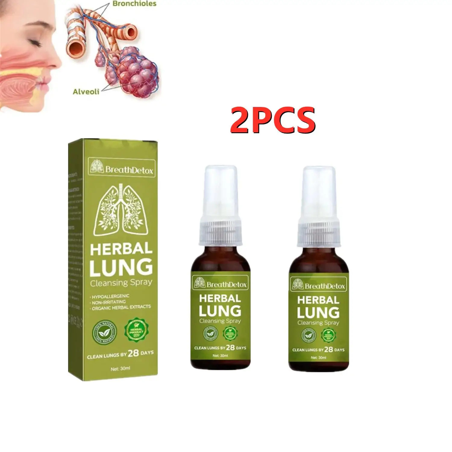 Herbal Lung Cleansing Spray, Herbal Lung Cleanse, Suporte Poderoso, Detox Respiração, 2X