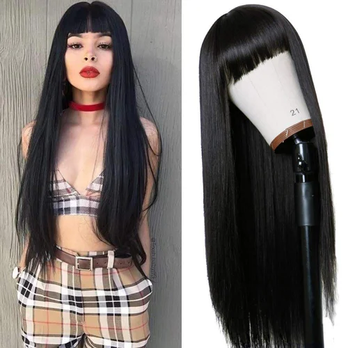 Imagen 2 del producto Pelucas largas y rectas, pelo sintético negro Natural, peluca completa a máquina con flequillo, peluca de fiesta para Cosplay para mujeres a la moda