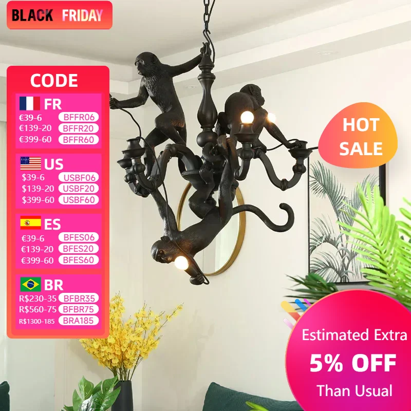 Nordic Creative Art Climbing Monkey Chandeliers Resin Animal Design Lamp for Dining Living Room Pendant Led Lighting Home Decor