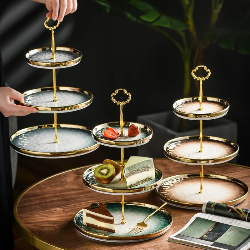 

European Classical Three-tier Dessert Stand Golden Stroke Kiln Change Fruit Snack Tray Living Room Coffee Table Desktop Ornament
