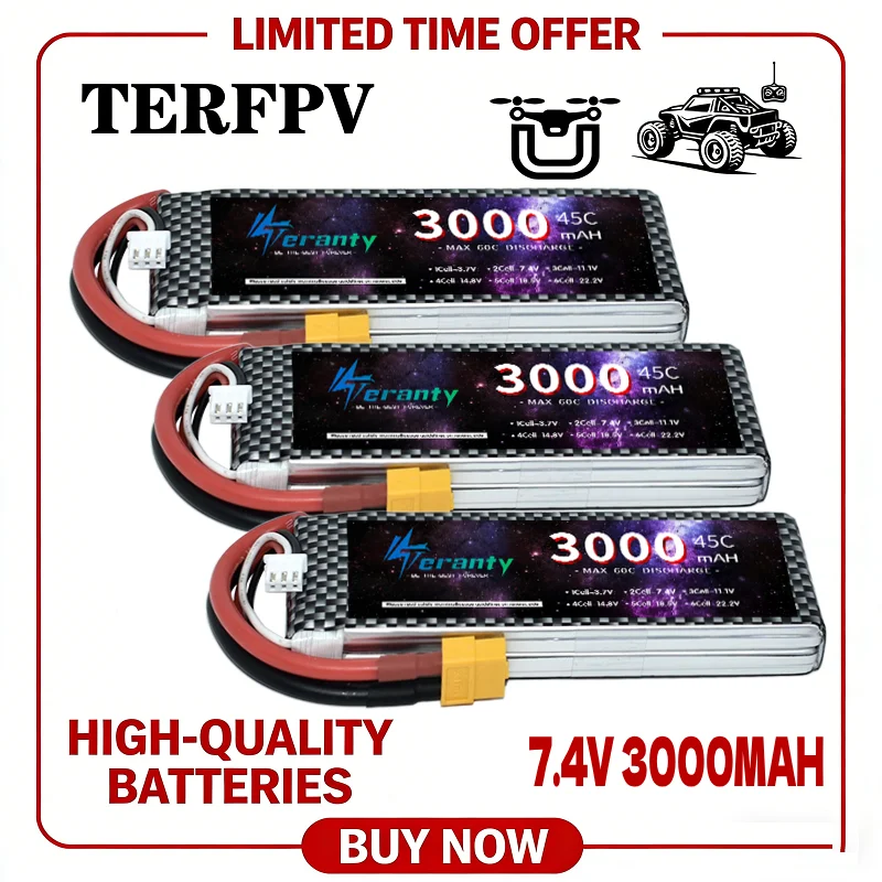 3PCS 7.4V 3000mAh Lipo Battery 45C for RC 1/10 1/12 Ratio Racing Off-Road Vehicles, Climbing Vehicles Four Axis Aerial Drone