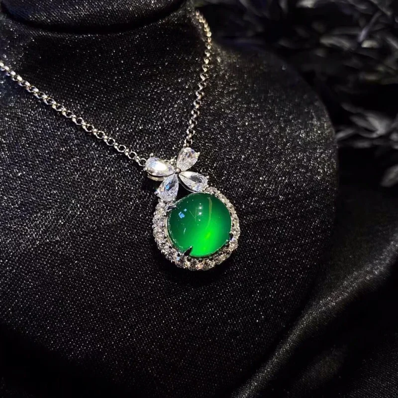 

925 Silver-Plated Inlaid High Green Chalcedony Round Surface Pink Agate Jade Necklace Pendant