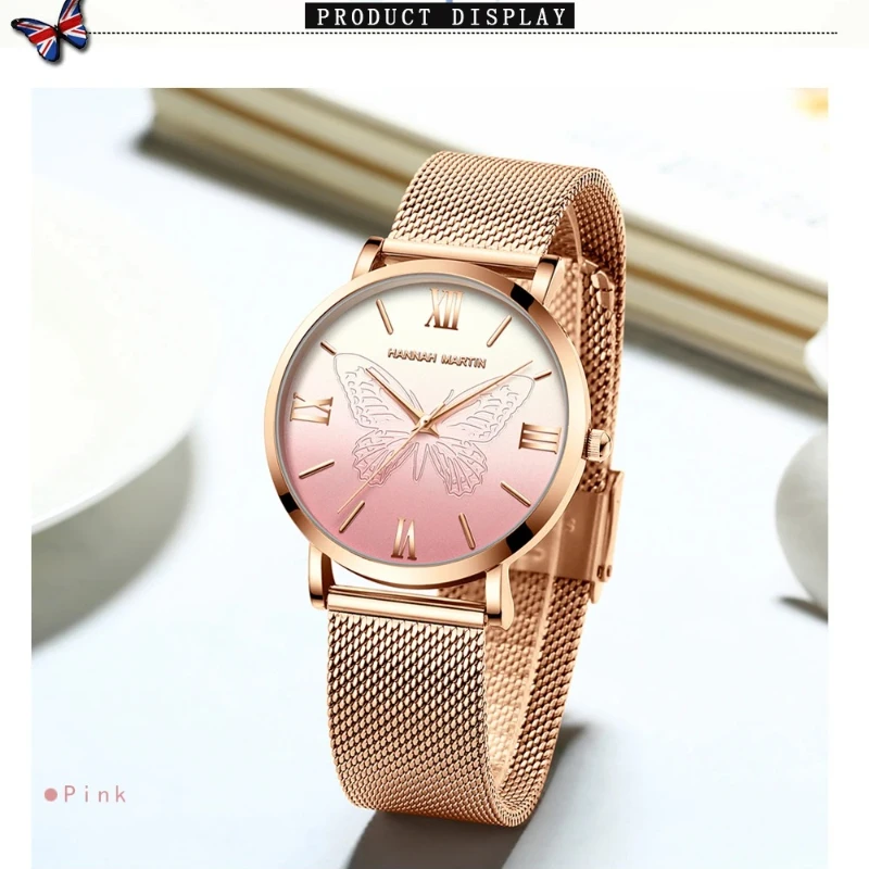 

HANNAH MARTIN 13620, брендовые женские кварцевые часы с дизайном бабочки, оригинальные 3D часы из розового золота с сетчатым ремнем из нержавеющей стали для женщин