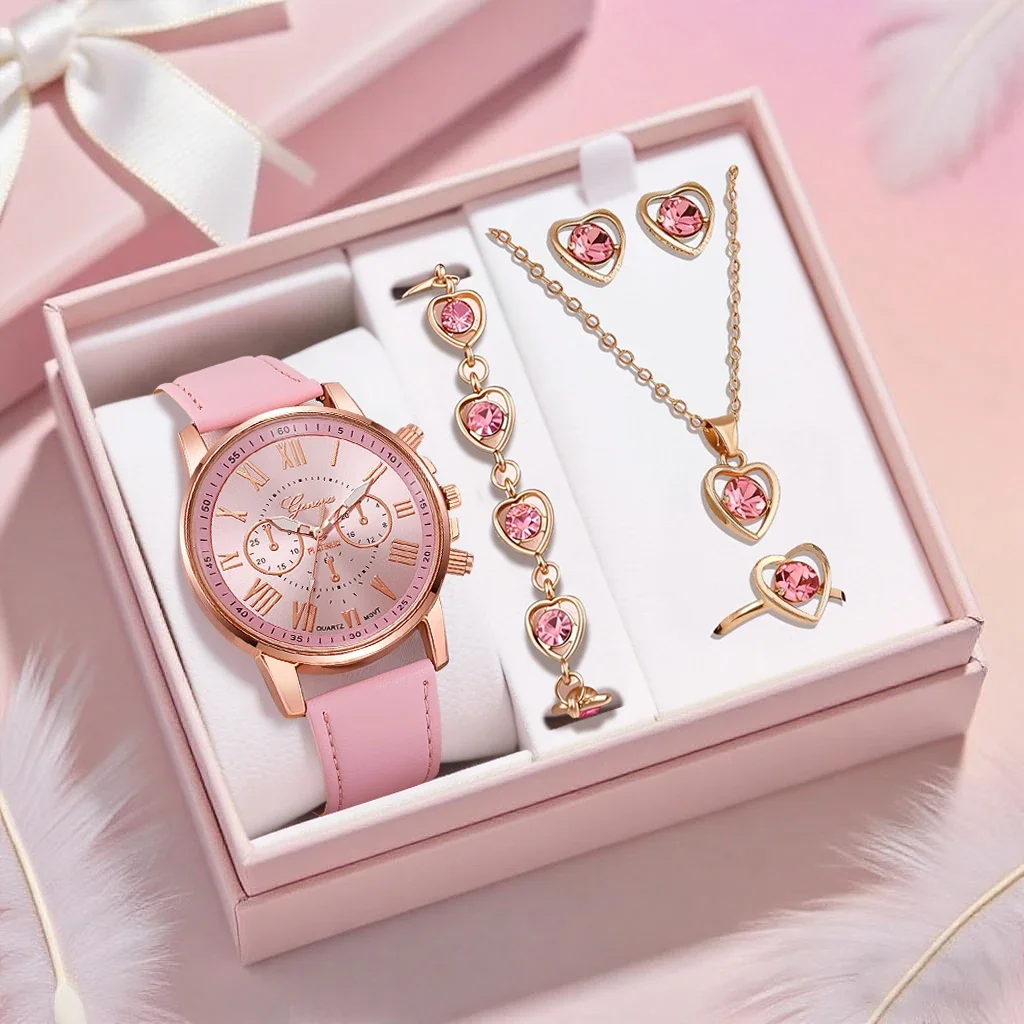 6PCS Simple and Stylish Ladies' Watch PU Leather Strap Quartz Watch with Necklace Accessories Set
