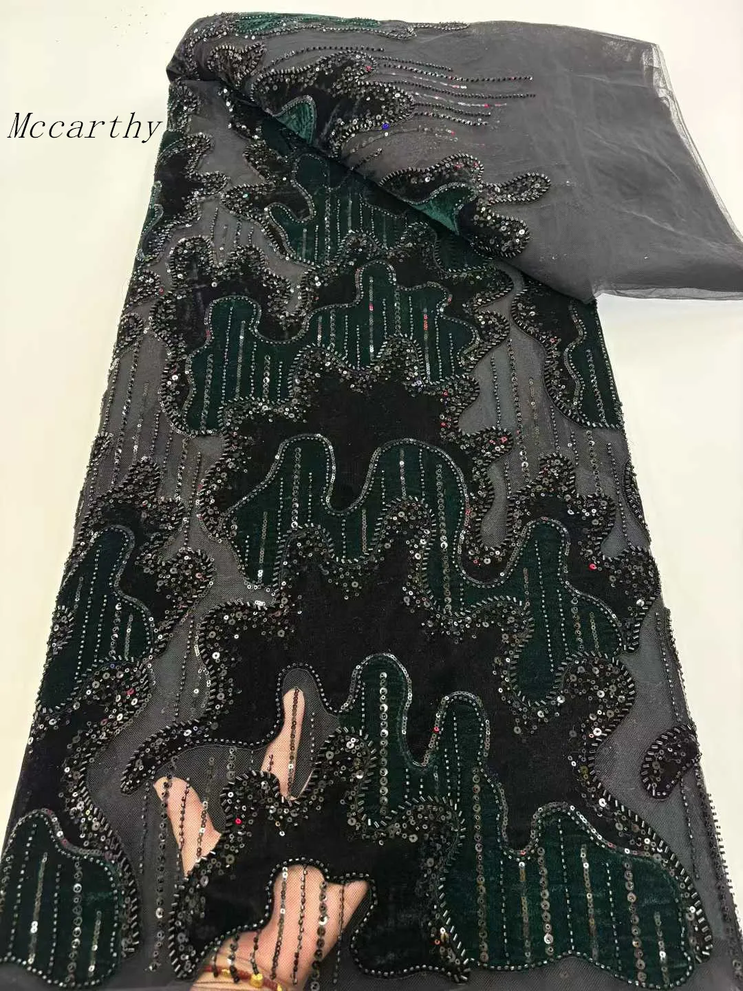 

African Velvet Lace Sequins Fabric Green High Quality Nigerian Lace Embroidered Beads Fabric For Women Wedding Party Sewing HB65