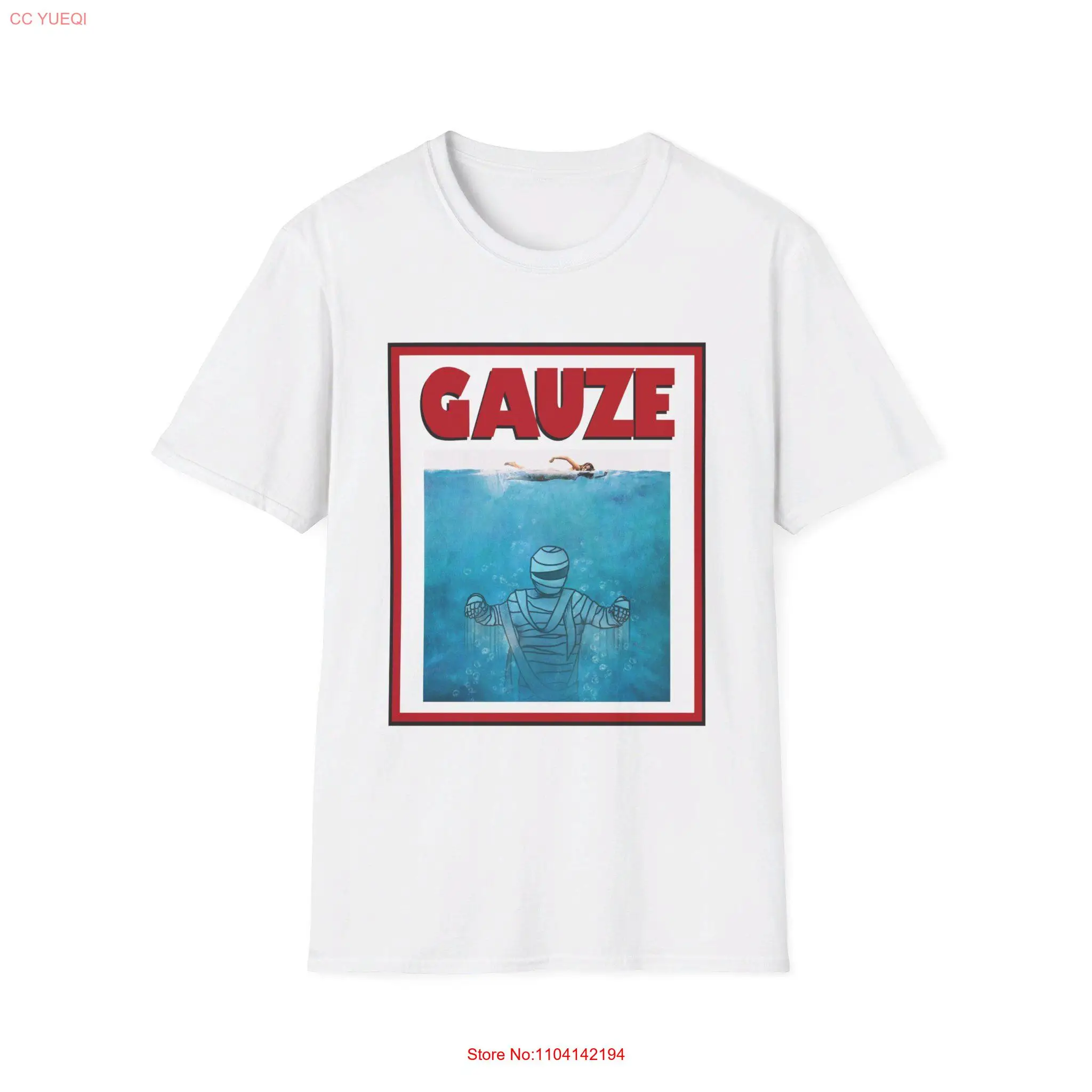 Jaws Inspired Gauze Horror Parody T Shirt Softstyle long or short sleeves