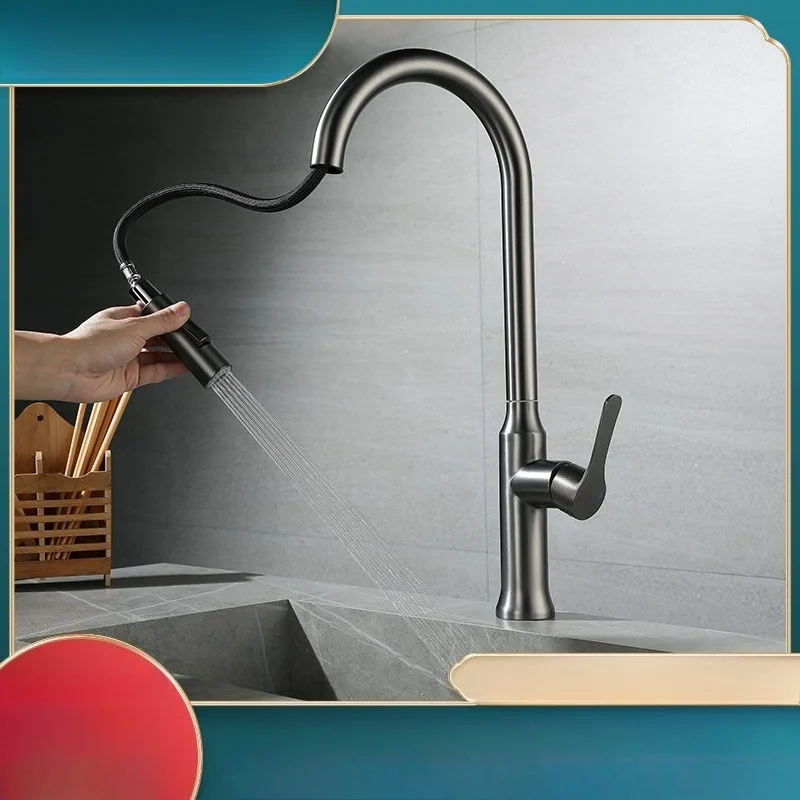 Gunmetal Gray 304 Stainless Steel Multifunctional Pull-out Extendable Wash Basin Splash-proof Cold and Hot Kitchen Faucet