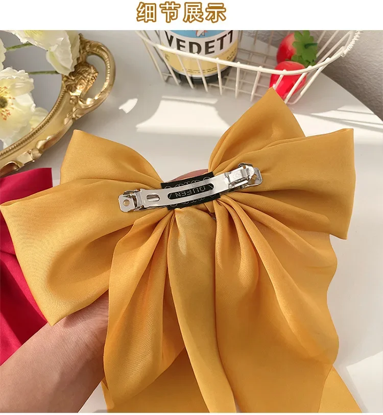 Korean Accessories Hair Clips for Women Girls Big Bowknot Solid Satin Long Ribbon Bows Spring Clamp Barette Cheveux Femme 2023