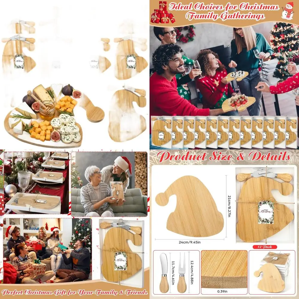 

Bulk Christmas Charcuterie Boards with Cheese Knives & Forks, Bamboo Santa Hat Kitchen Set for Xmas Parties & Bridal Showers