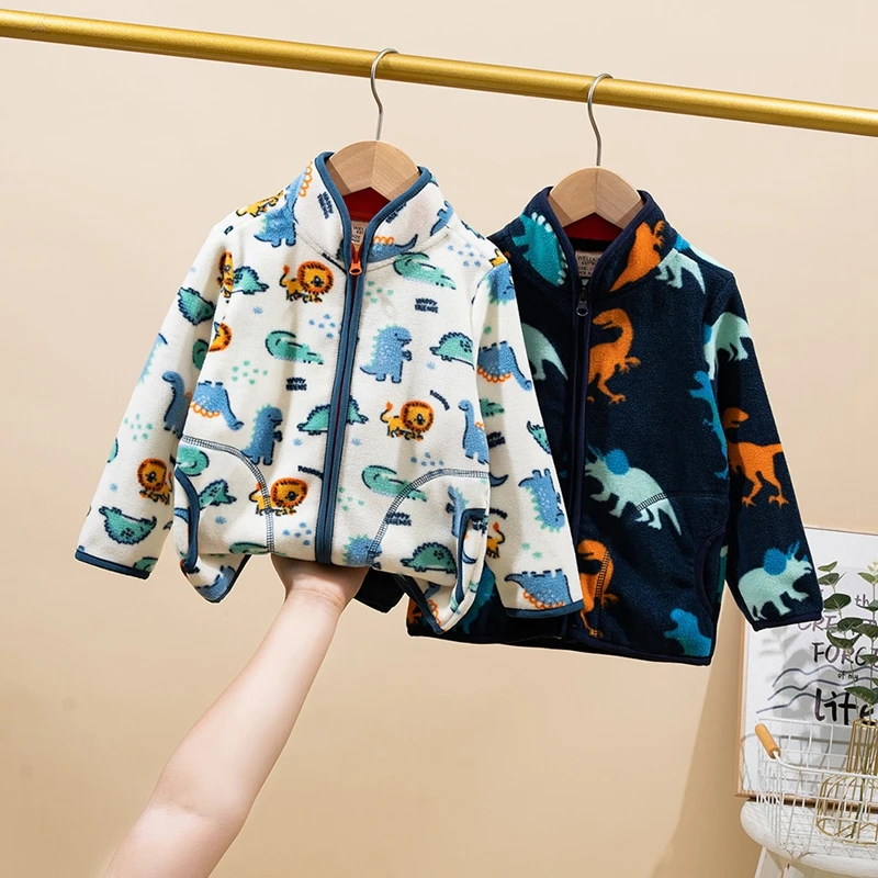 Kids Fall Spring Coats Children Outerwear Cartoon Dinosaur Print Boy Warm Fleece Jacket Baby Boys Jackets Child Clothing