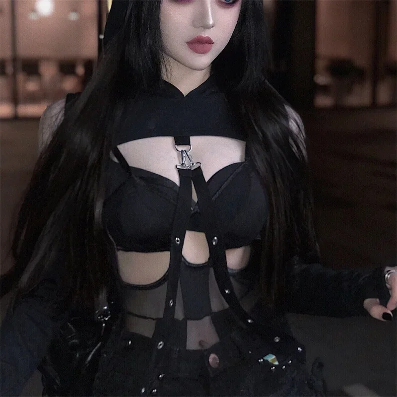 Black Gothic Crop Top Women Hoodies Punk Sweatshirt Off Shoulder Lace Up Hooded Pullover Cat Ear Short Style Female Jacket Coat