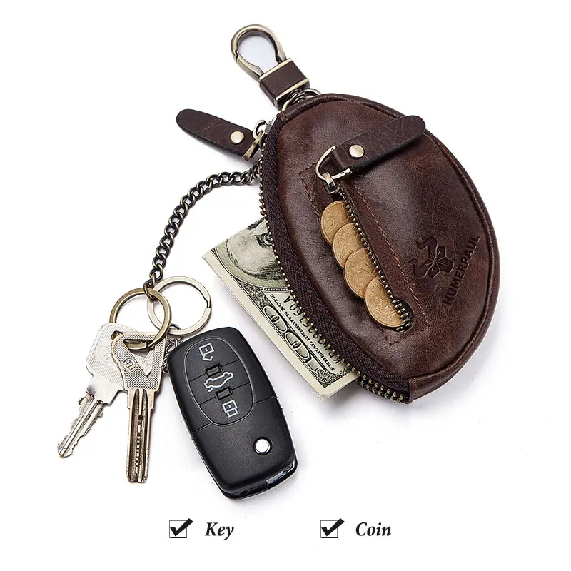 HUMERPAUL Small Key Wallet Men 100% Genuine Leather Car Key Holder Top Quality Zipper Housekeeper Keys Organizer with Coin Purse