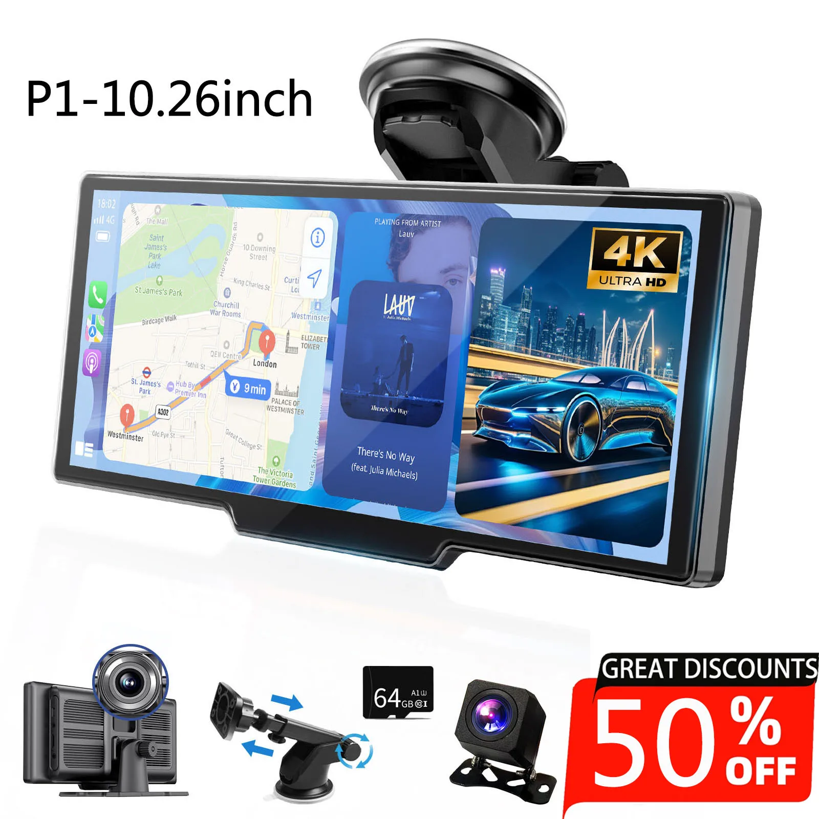 P1 10.26inch 4K Portable Wireless CarPlay Screen Multimedia Video player Radio FM Wifi Compatible with Android Auto AirCarPlay