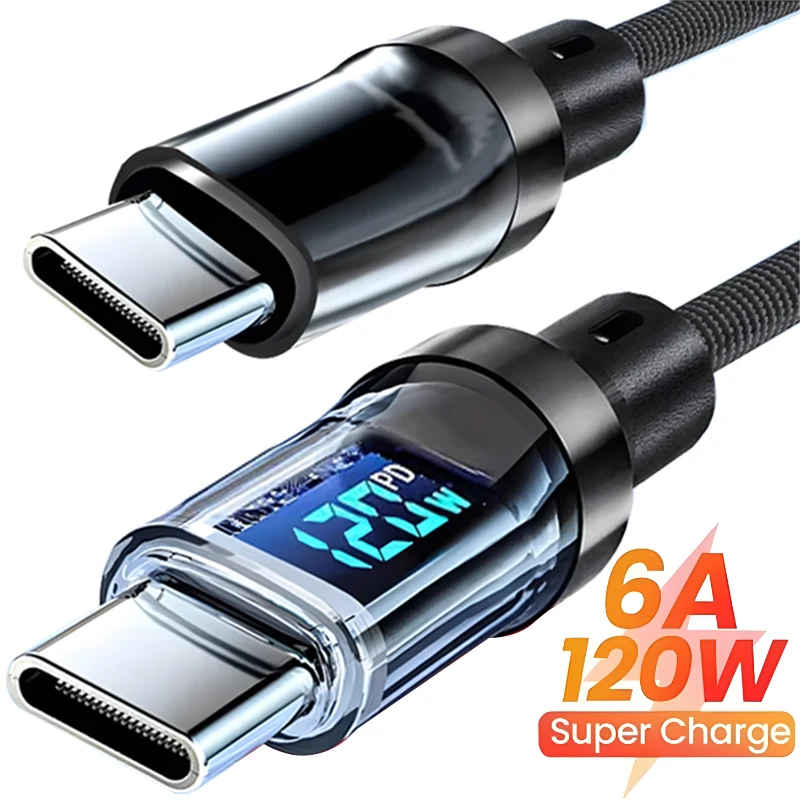 120W USB A to Type C Digital Display Cable Phone Super Fast Charging PD USB C to C Cable For iPhone Xiaomi Huawei Macbook iPad