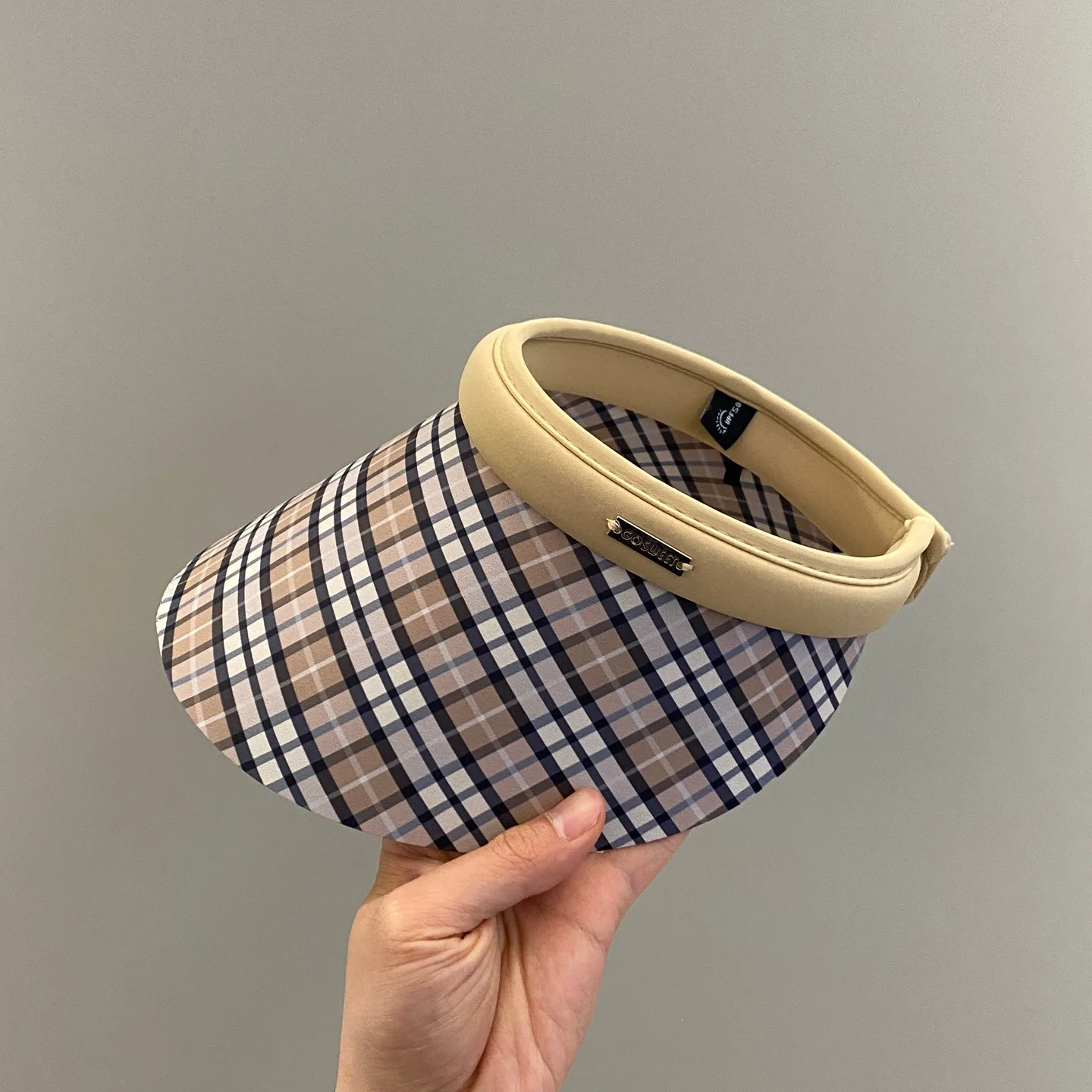 

Classic Color Matching Plaid Large Brim Empty Top Caps Women Summer Travel Sun Protection Versatile Fashion Foldable Sun Hat