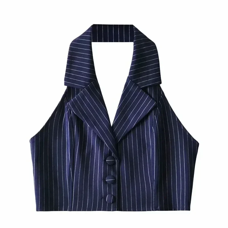 Womens Stripe Vests Elegant OL Waistcoat Suit Vest Halter Neck V-Neck Office Ladies Crop Tops Business Formal Work Wear Mujer