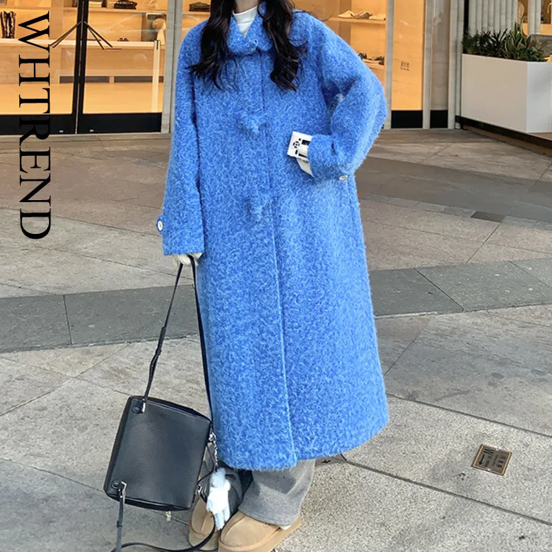 

WHTREND длинные шерстяные пальто для женщин однобортные однобортные с лацканами свободные модные уличные пальто зимняя теплая мода