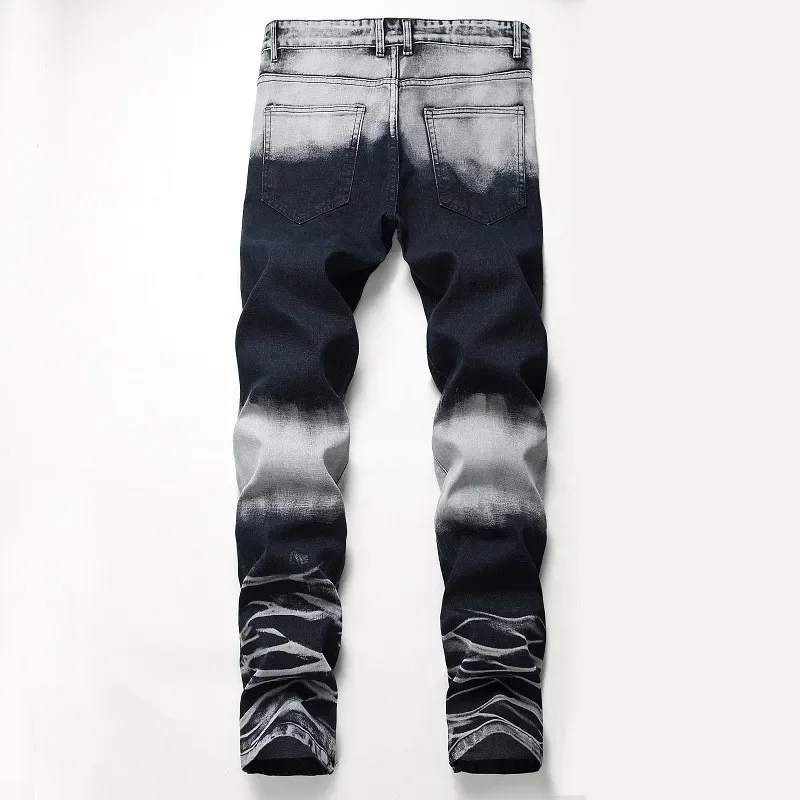 Men Zipper Ripped Straight Jeans No‑belt Design Vintage Motorcycle Style Slim Fit Denim Trousers Streetwear Casual Fashion Pants