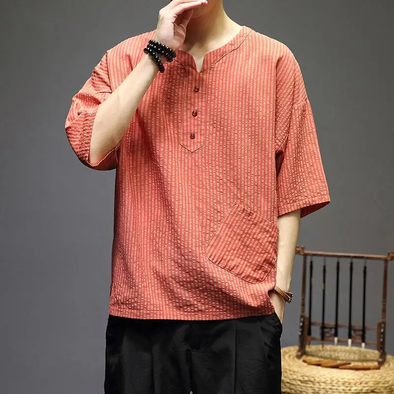 Summer Chinese Style Vintage Simple Versatile Cotton Hemp Short Sleeve T-shirt Men Solid V-neck Button Pocket Loose Striped Tops