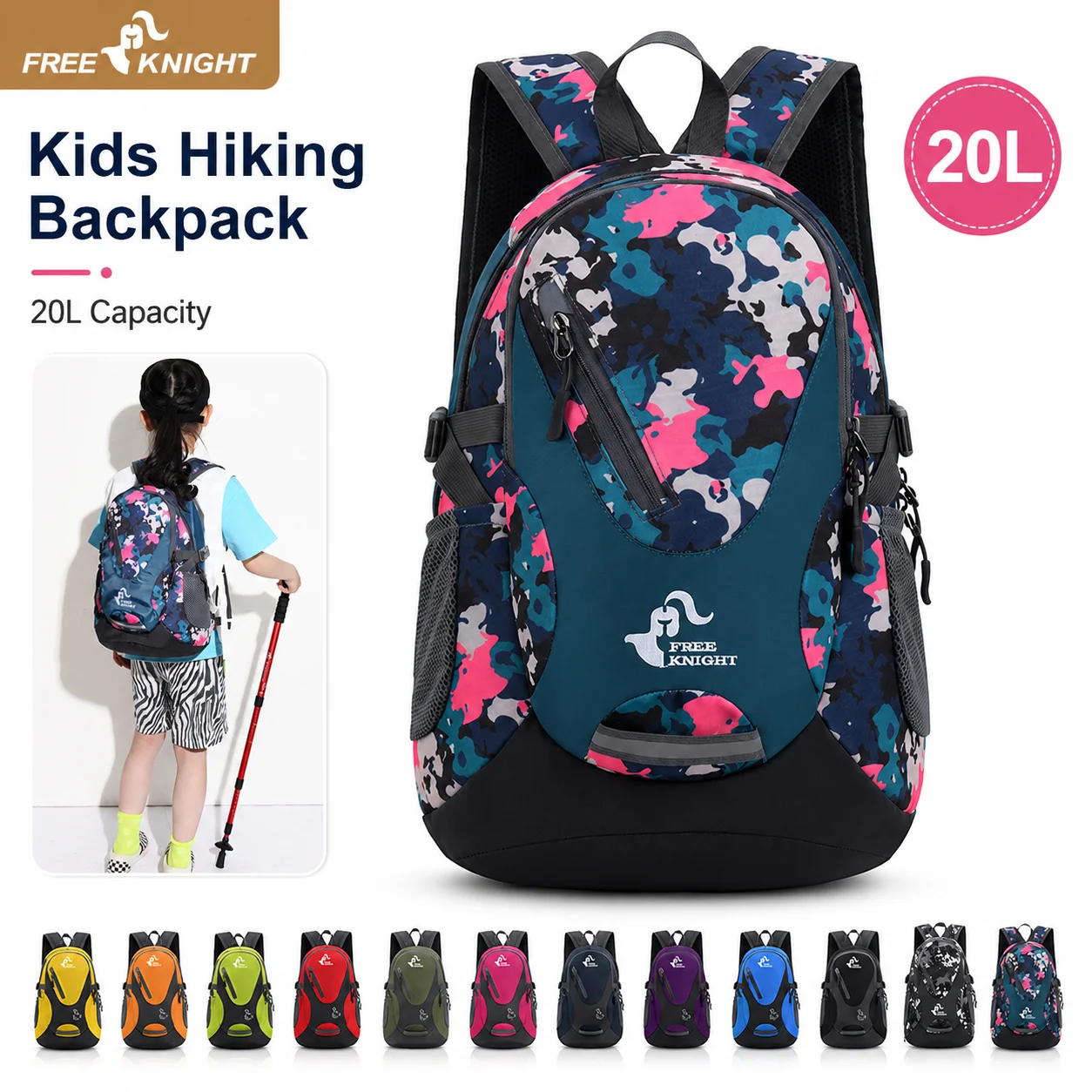 20L Kids Water-Resistant Nylon Hiking Backpack Multi-Pocket Daypack with Laptop Compartment for Outdoor Travel School Boys Girls