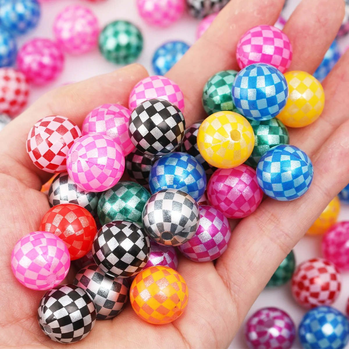 10/20pcs Random Color Checkerboard Glitter Acrylic Round Beads, 16mm Straight Hole Loose Beads for DIY Handmade Craft Supplies