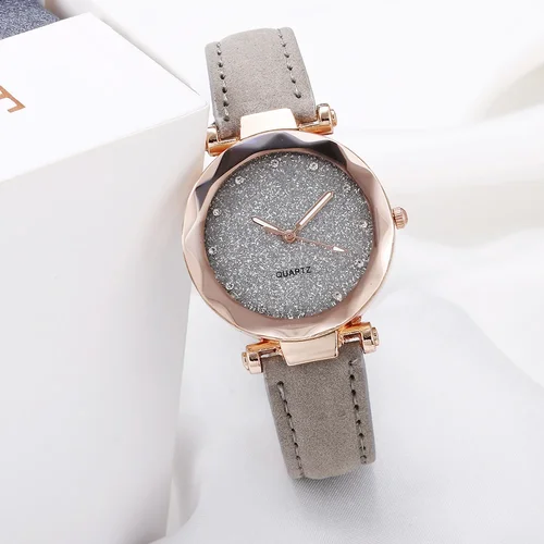 Imagen 2 del producto Reloj de pulsera de cuarzo negro Vintage con cinturón esmerilado y esfera redonda con diamantes de imitación y cielo estrellado plateado y rosa para mujer