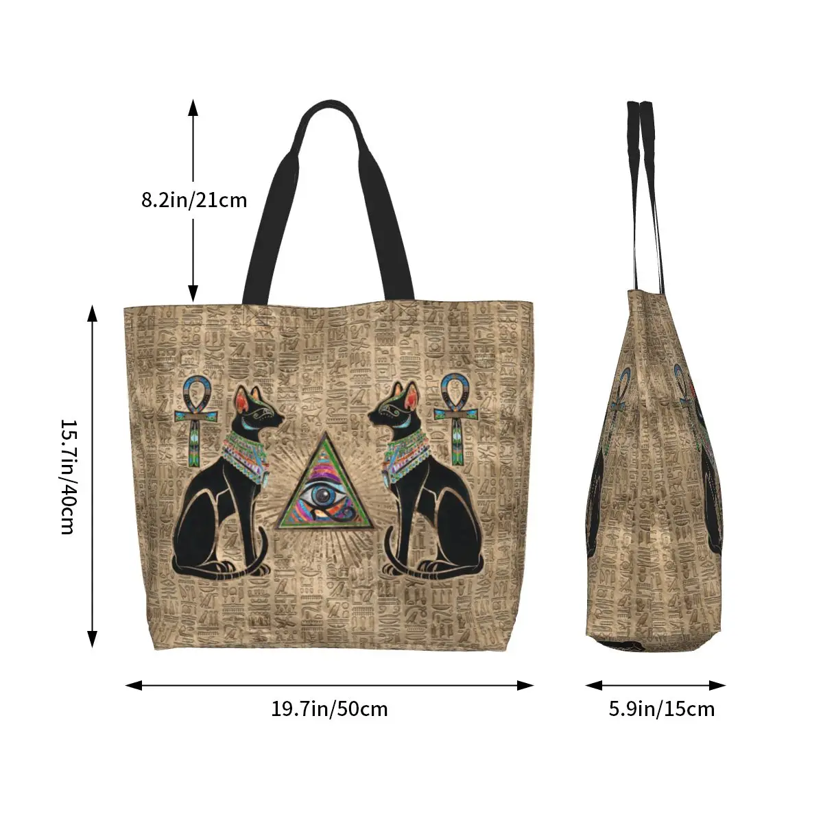 Funny Egyptian Cats And Eye Of Horus Shopping Tote Bag Recycling Ancient Egypt Canvas Groceries Shopper Shoulder Bag