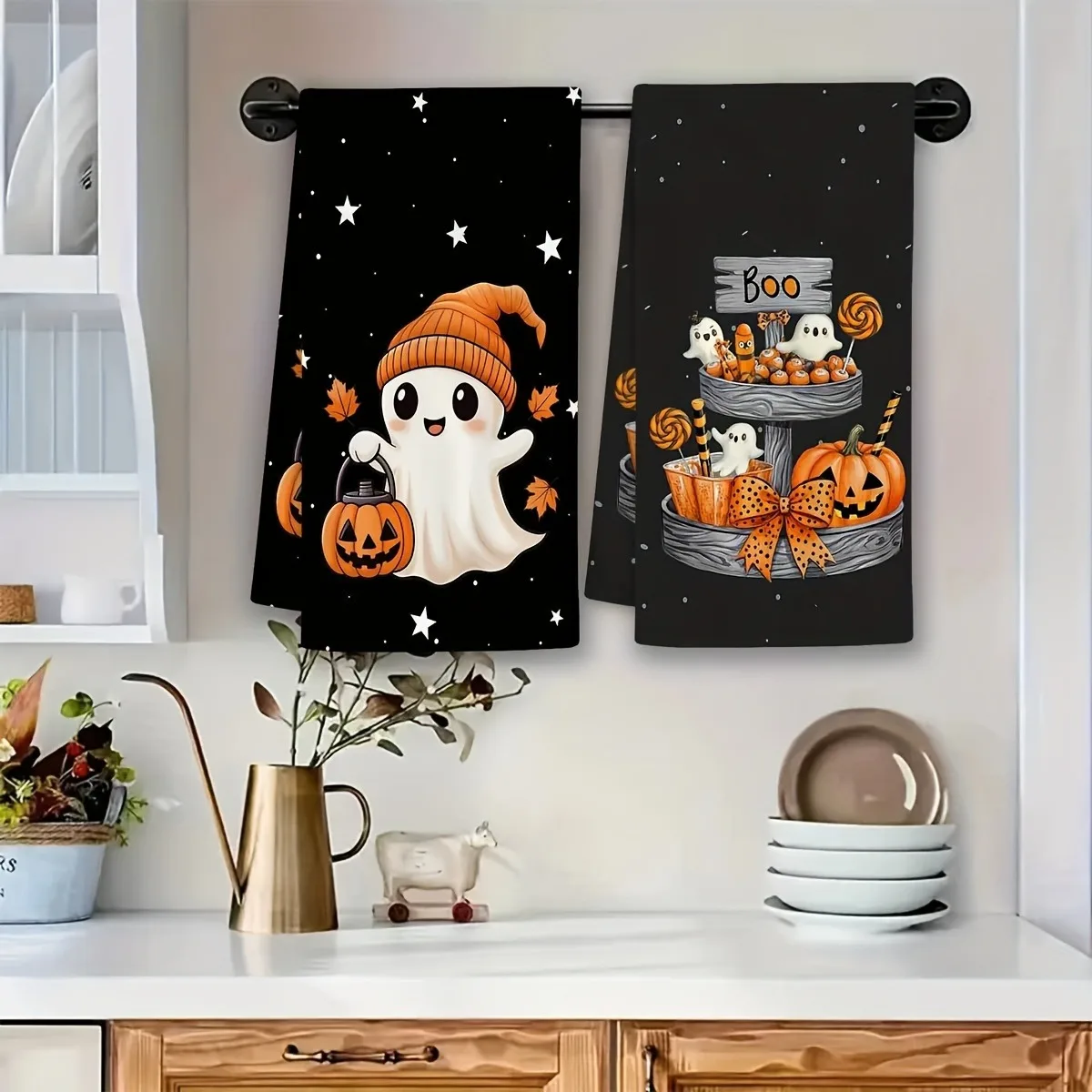 4/2 Pieces of Kitchen Towels with Random Designs, Featuring Ghost, Pumpkin, and Star Designs, Perfect for Cooking and Baking. These Absorbent Hand Towels Can Also Be Used as Tea Towels, Making Them an Ideal Choice for Home Use and Bathroom Decor, Especially during Autumn and Halloween Celebrations.