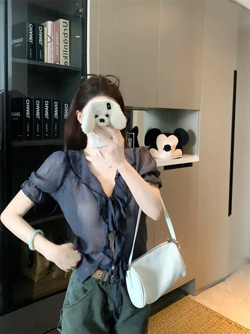 

Retro Lace Trim V-Neck Bubble Sleeve Chiffon Top Women Summer 2026 New Short Casual Thin Open Cardigan Shirt Commute Style Hi...