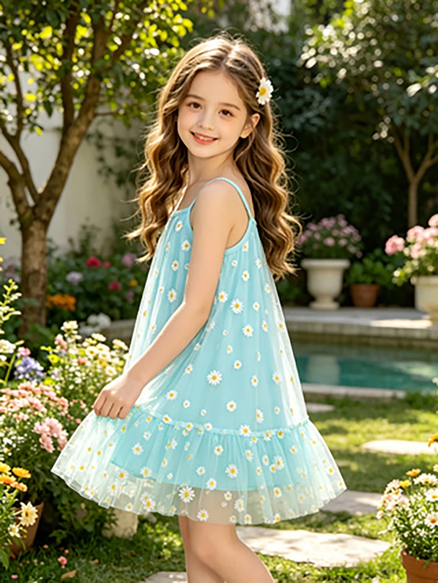 Little Girls' Blue & Green Daisy Camisole Dress, Summer Tulle Princess Dress, Kids Floral Tutu Dress