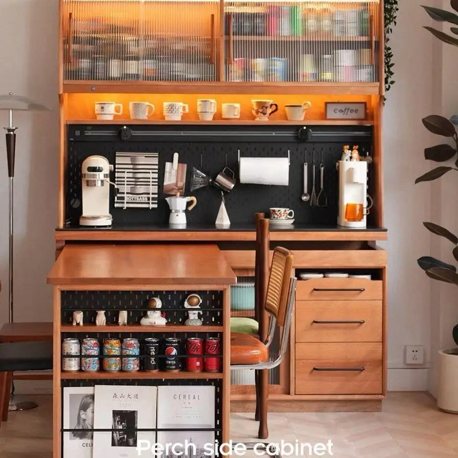 Solid Wood Dining Side Cabinet Integrated with Dining Table Cherry Finish Space Saving Hidden Storage for Small Apartment Tea