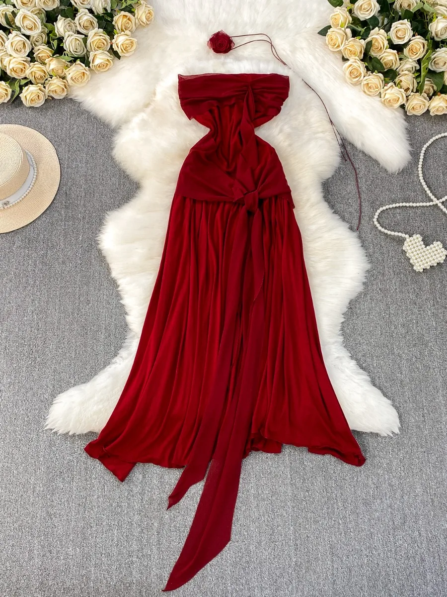 Foamlina 女性エレガントな 3D 花ビスチェドレスハイウエストタイバックスリムフィットマキシドレス長袖エレガントなパーティードレス