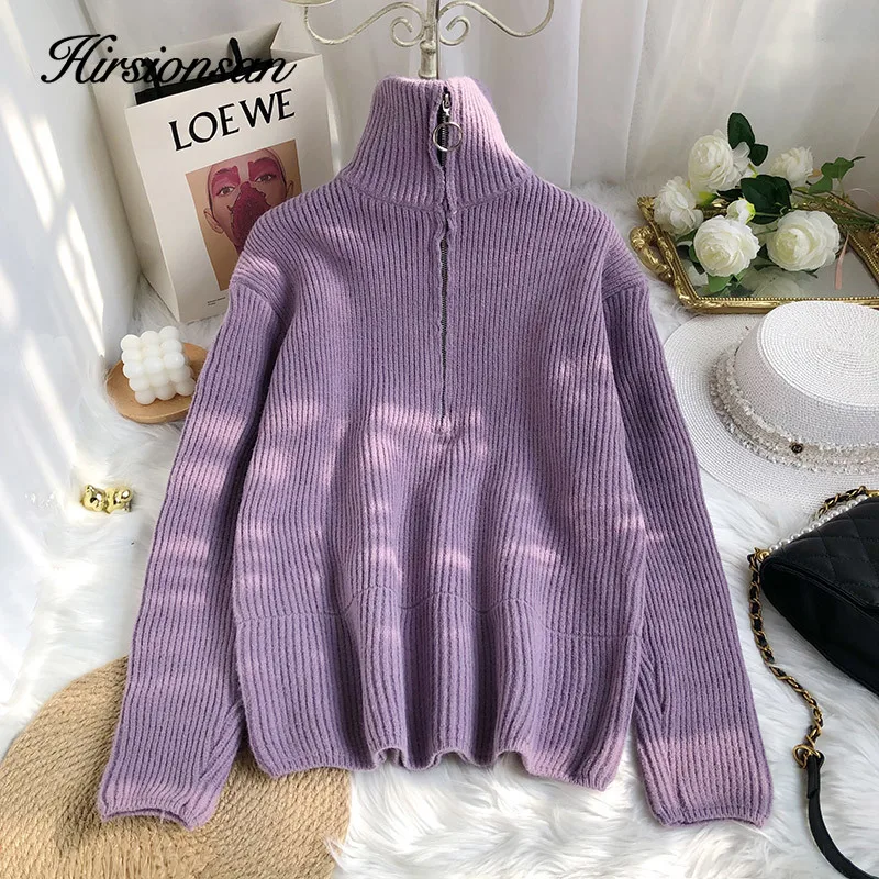 Hirsionsan Zipper Turn-down Collar Autumn Sweaters Women Cashmere Soft Loose Solid Female Knited Pullovers 2023new Thick Jumper