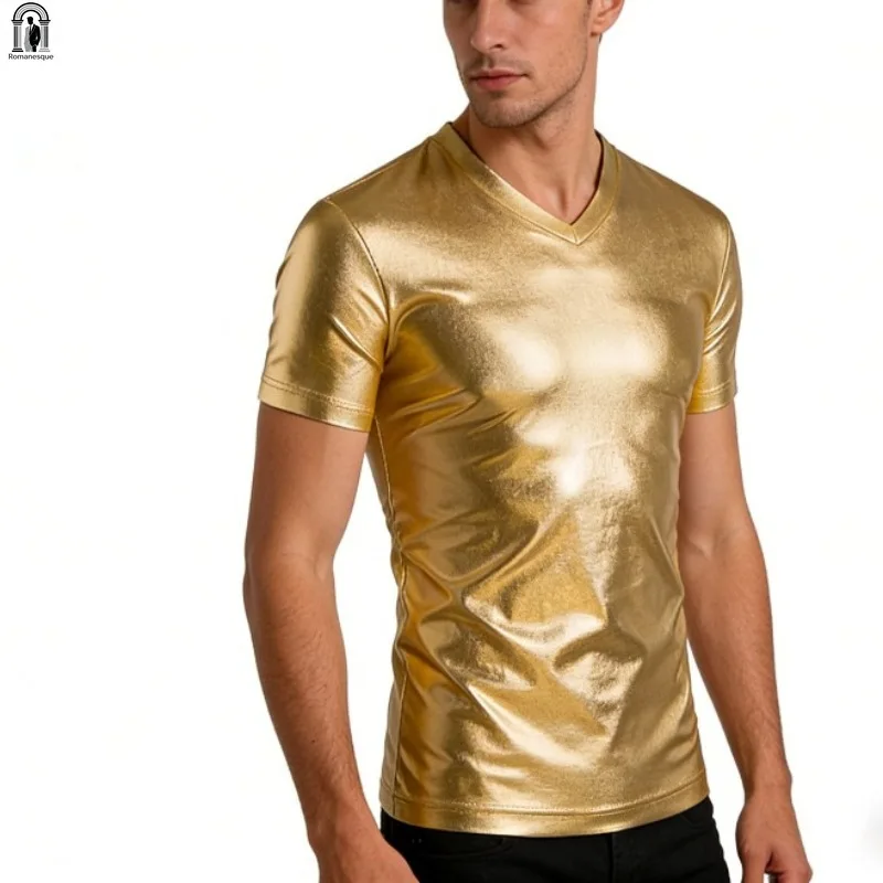 Men‘s Sparkle Gold Short Sleeve T-Shirt Casual Nightclub Party Shiny Top Summer Fashion Tee Men's Gold Metallic V-Neck T-Shirt