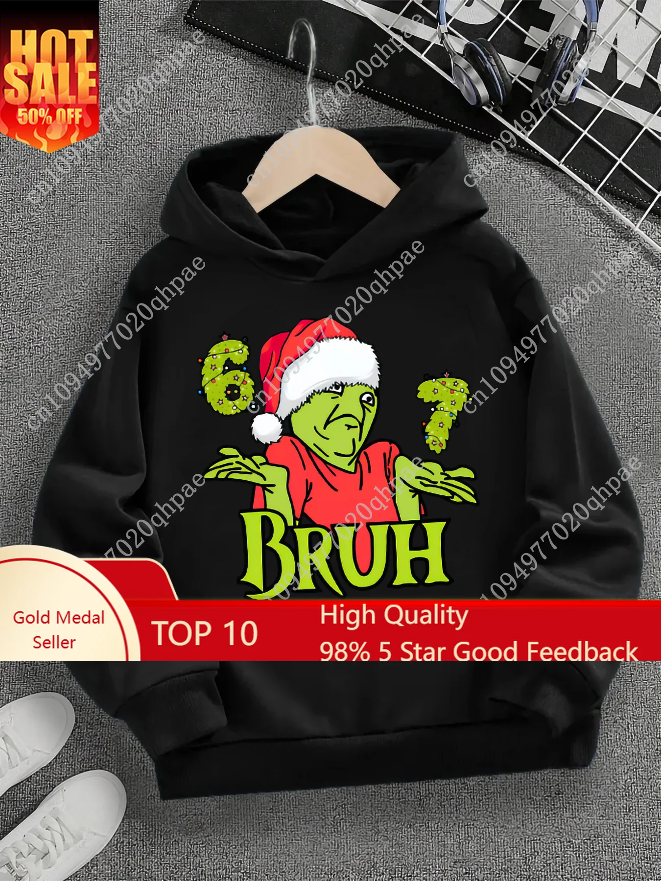 

Spring And Autumn Single Casual Fashion Christmas #67 Boys Black Hoodie, Six Seven, Green Alien Cartoon Print Pattern