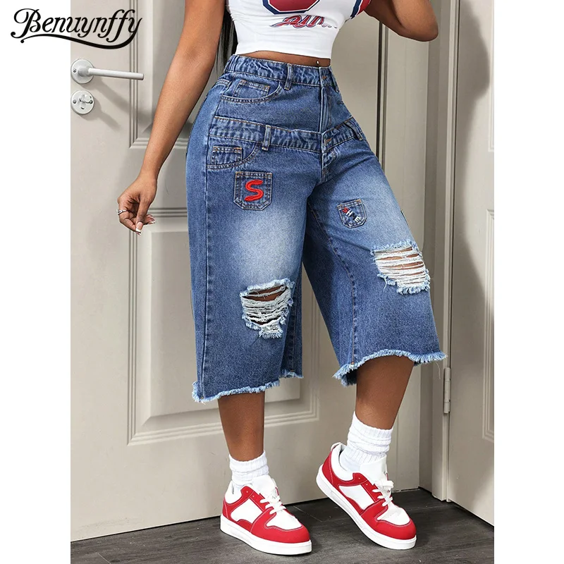 Benuynffy American Street Retro Raw Hem Ripped Jeans Women's Summer 2000s Back Elastic Waist Loose Wide Leg Denim Capri Pants