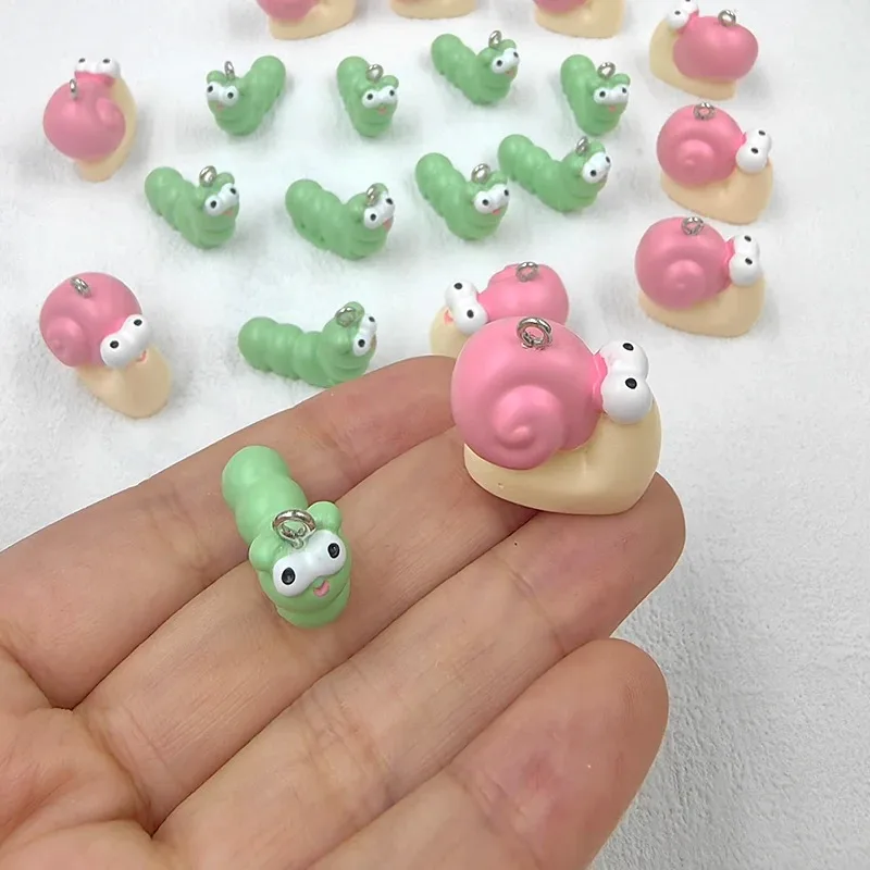 10Pcs Kawaii Resin Snail & Green Caterpillar Animal Charms Cute Pendants DIY Jewelry Making for Earrings Keychains Crafts